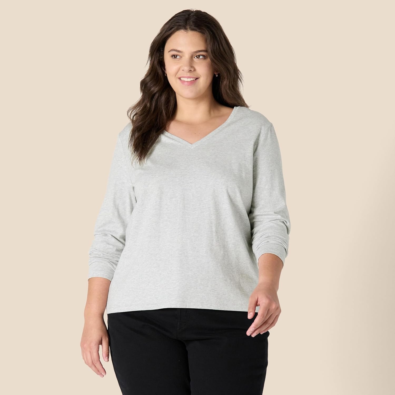 image:imageAmazon Essentials Womens Soft 100 Cotton RegularFit LongSleeve Crewneck TShirtLight Grey Heather