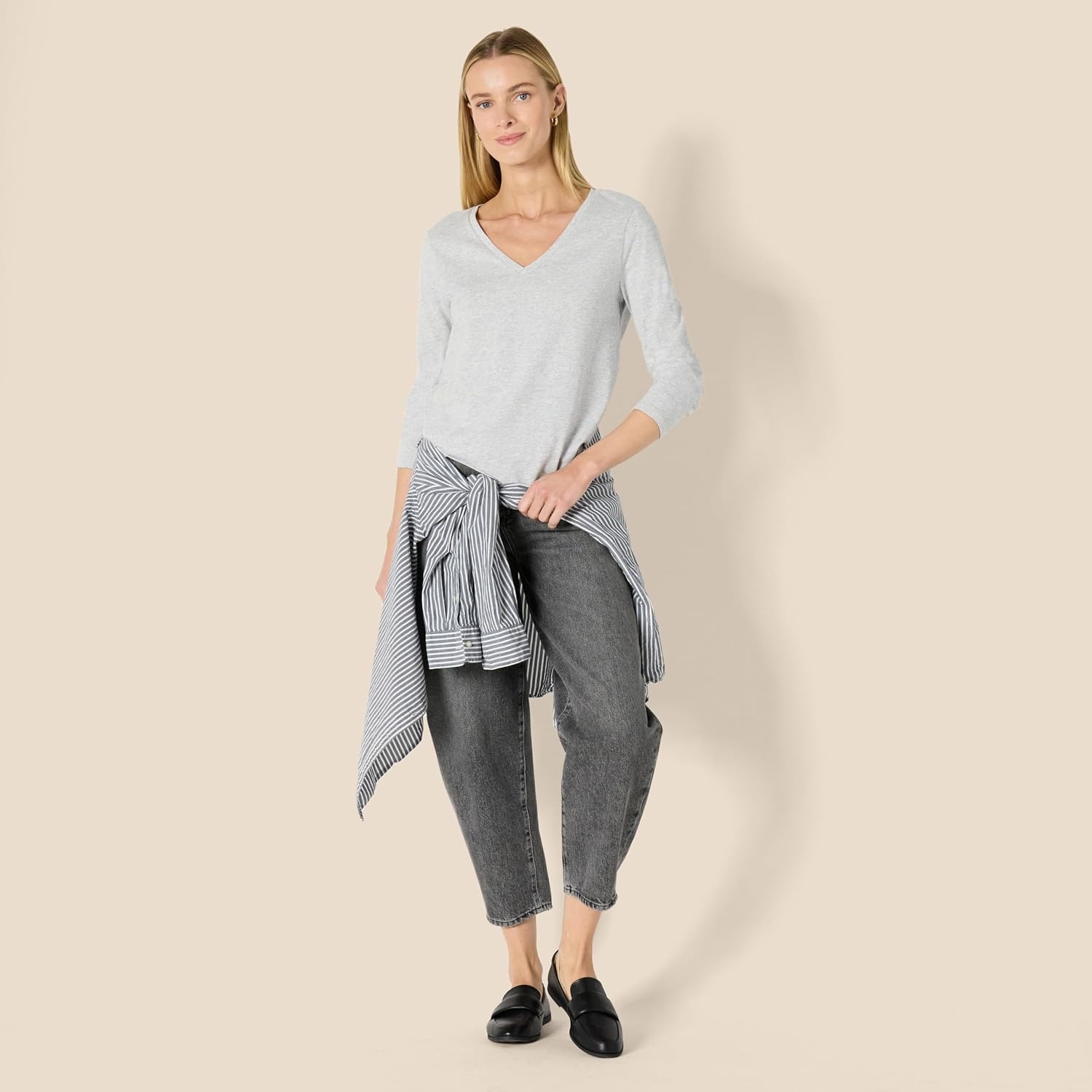 image:imageAmazon Essentials Womens Soft 100 Cotton RegularFit LongSleeve Crewneck TShirtLight Grey Heather