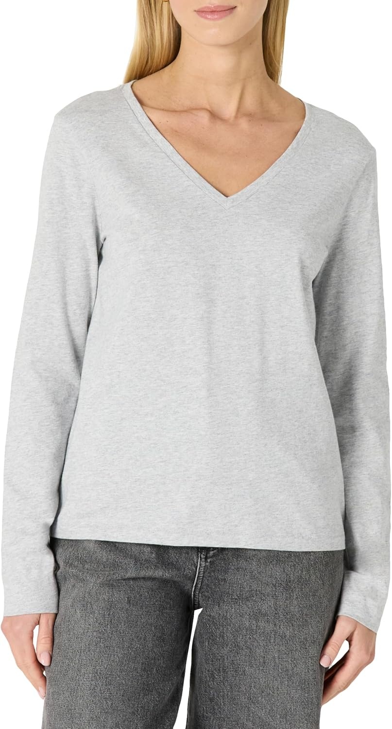 image:imageAmazon Essentials Womens Soft 100 Cotton RegularFit LongSleeve Crewneck TShirtLight Grey Heather