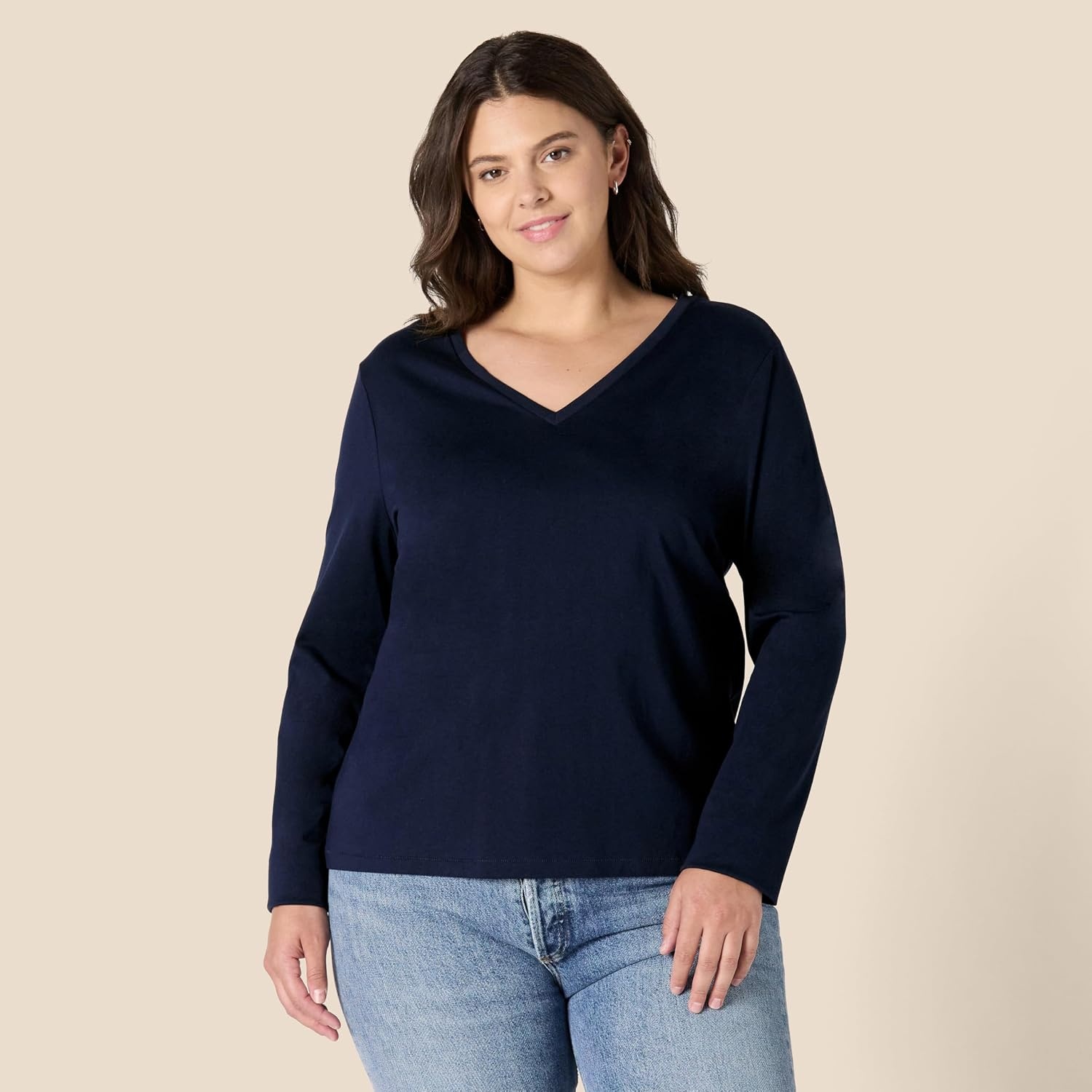 image:imageAmazon Essentials Womens Soft 100 Cotton RegularFit LongSleeve Crewneck TShirtNavy