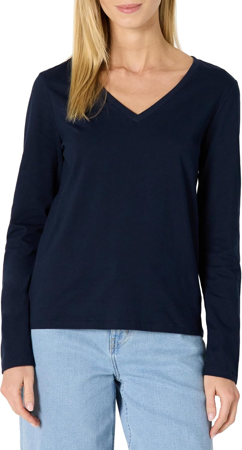 image:imageAmazon Essentials Womens Soft 100 Cotton RegularFit LongSleeve Crewneck TShirtNavy