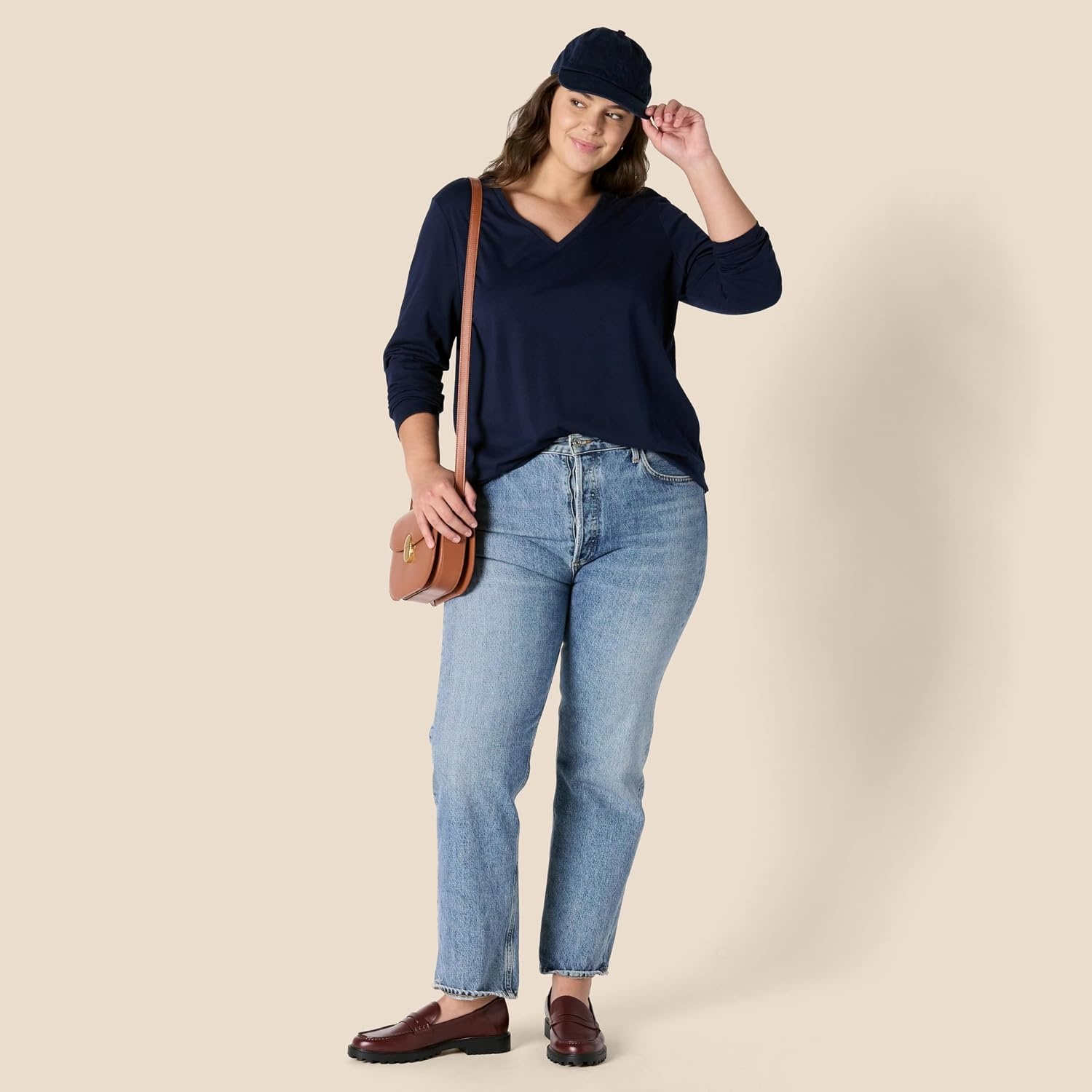 image:imageAmazon Essentials Womens Soft 100 Cotton RegularFit LongSleeve Crewneck TShirtNavy