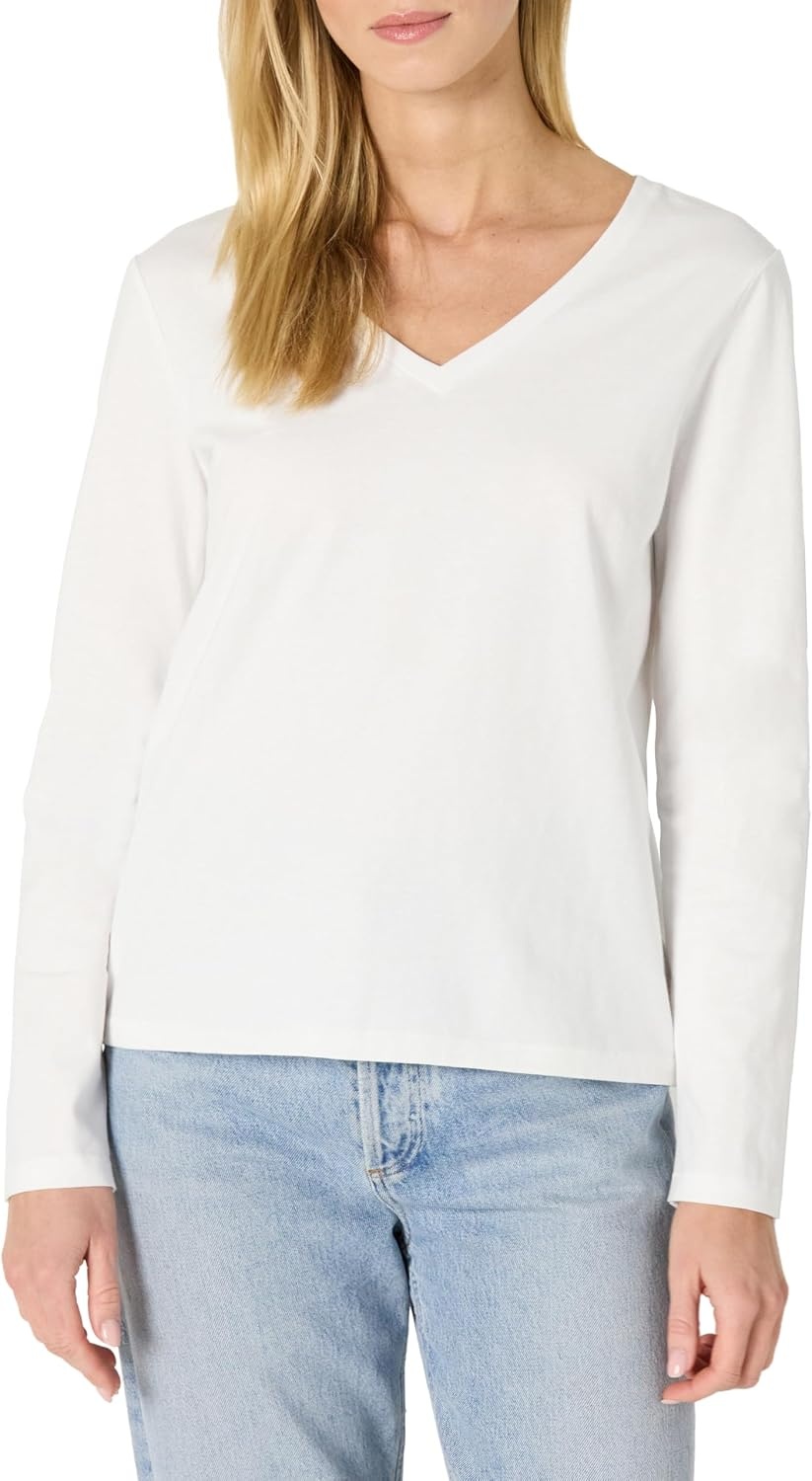 image:imageAmazon Essentials Womens Soft 100 Cotton RegularFit LongSleeve Crewneck TShirtWhite
