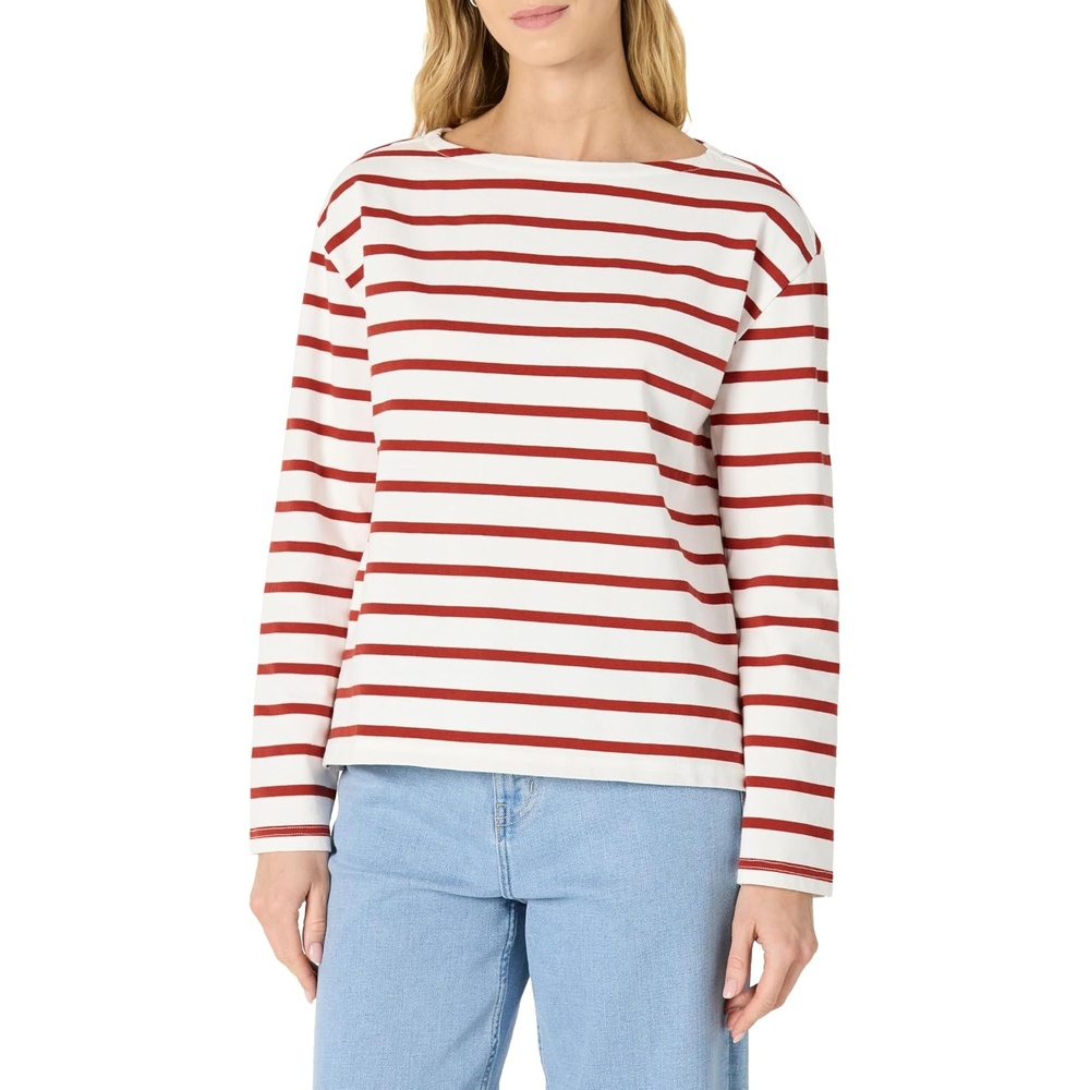 image:imageAmazon Essentials Womens 100 Cotton Heavyweight RelaxedFit LongSleeve Boatneck TopEggshell White Mariner Stripe