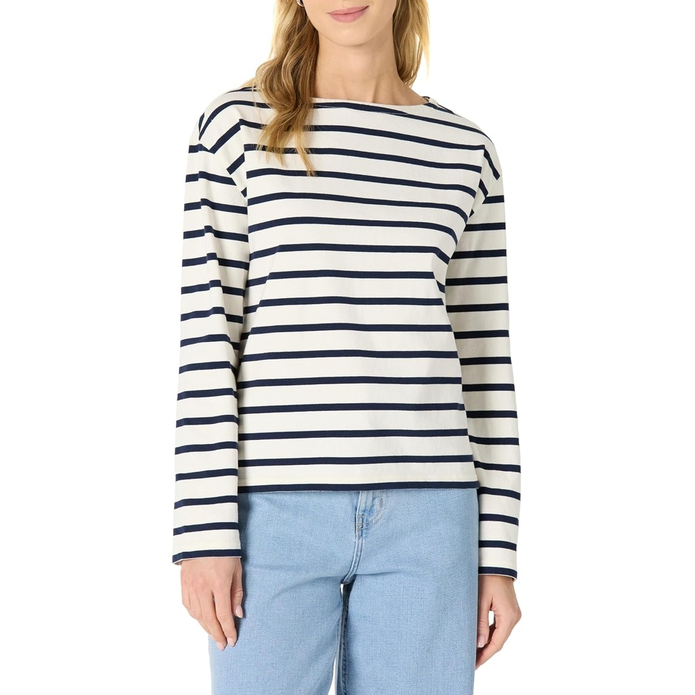 image:imageAmazon Essentials Womens 100 Cotton Heavyweight RelaxedFit LongSleeve Boatneck TopEggshell White Navy Mariner Stripe
