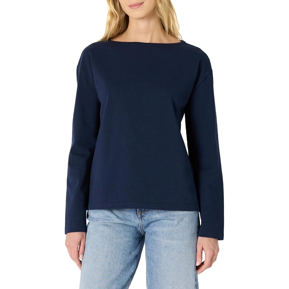 image:imageAmazon Essentials Womens 100 Cotton Heavyweight RelaxedFit LongSleeve Boatneck TopNavy