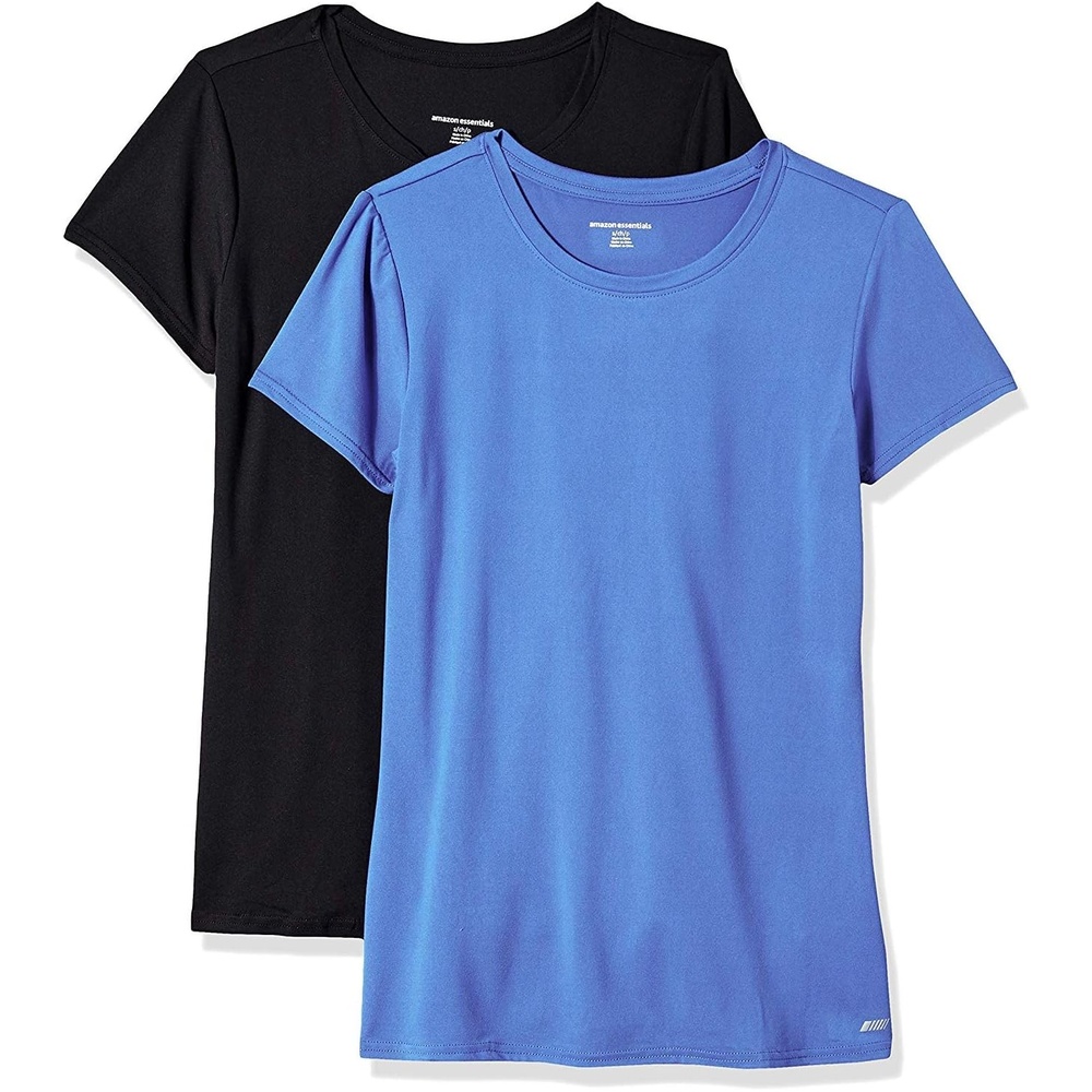 image:imageAmazon Essentials Womens Active Quick Dry Tech Stretch ShortSleeve VNeck TShirt MoistureWicking Pack of 2BlackBright Blue