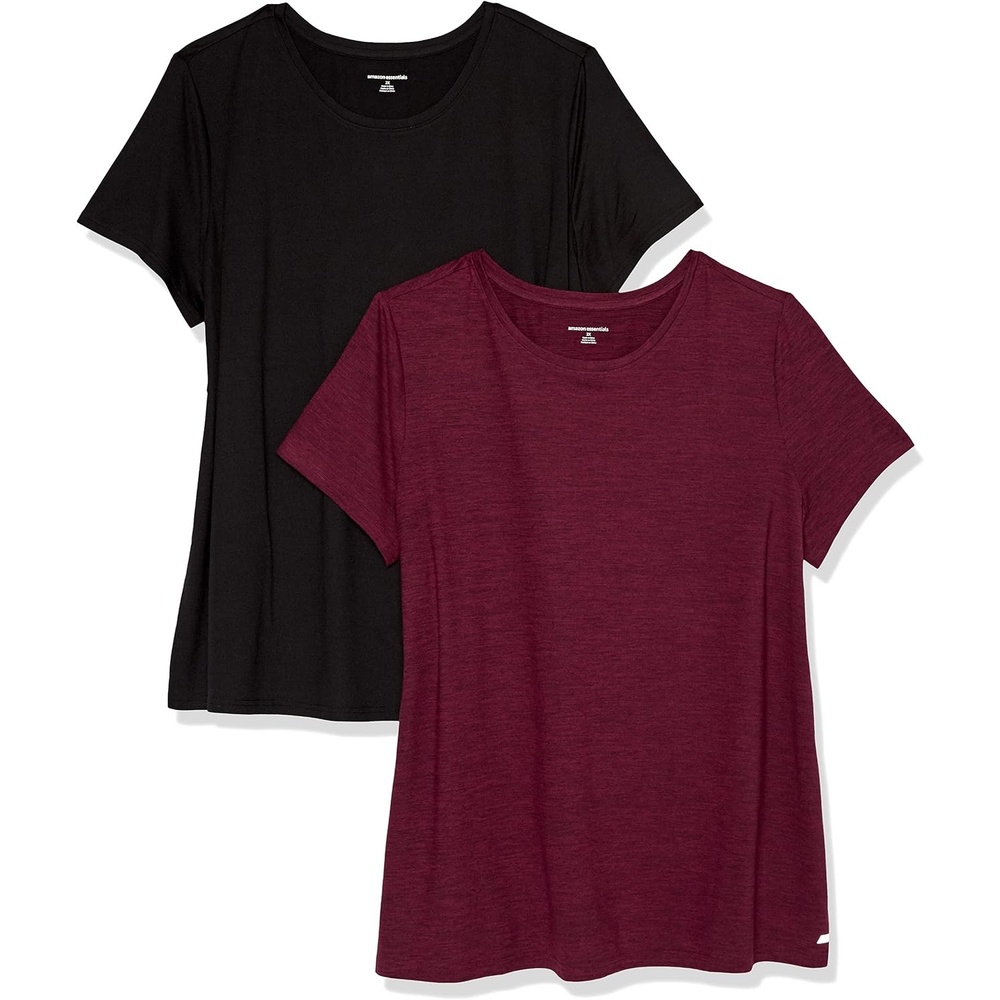 image:imageAmazon Essentials Womens Active Quick Dry Tech Stretch ShortSleeve VNeck TShirt MoistureWicking Pack of 2BlackBurgundy Space Dye