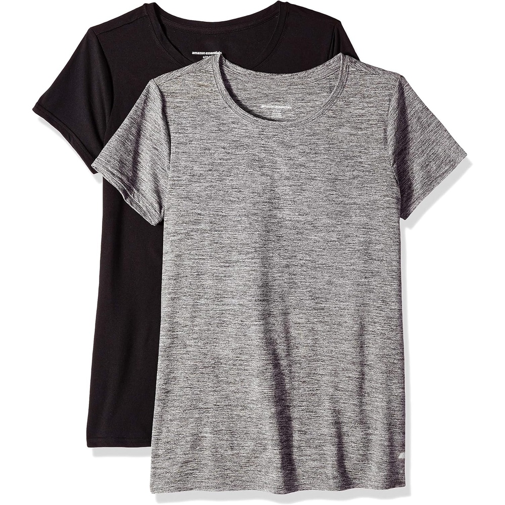 image:imageAmazon Essentials Womens Active Quick Dry Tech Stretch ShortSleeve VNeck TShirt MoistureWicking Pack of 2BlackDark Grey Space Dye