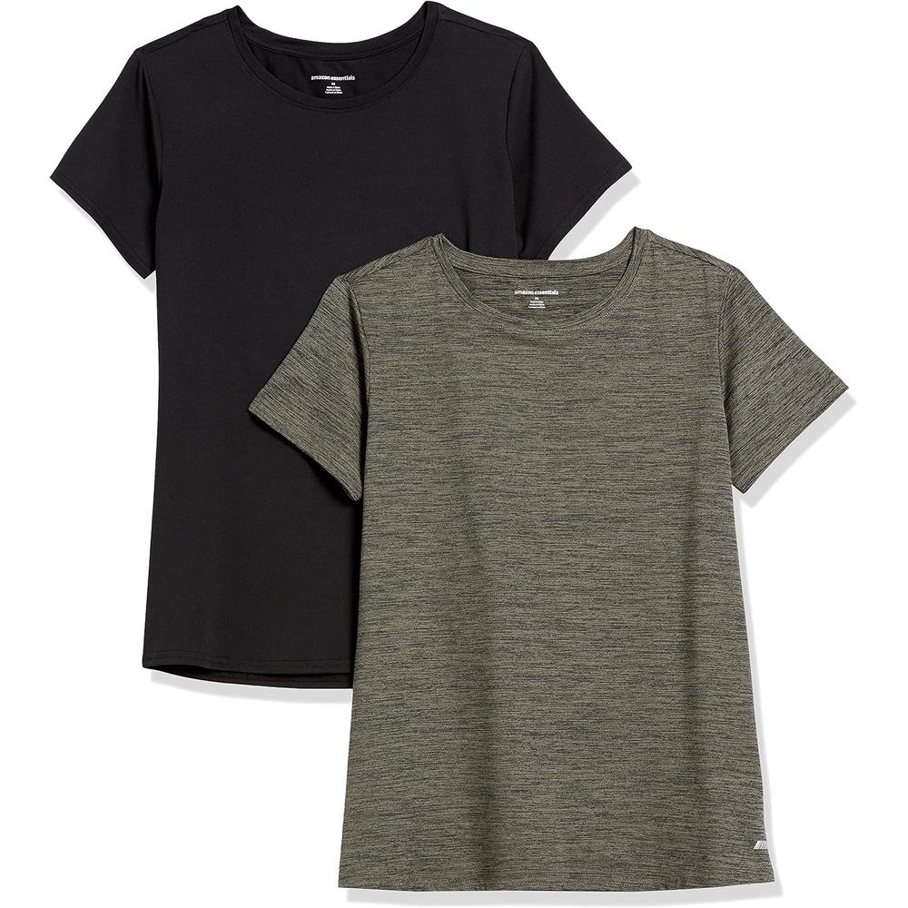 image:imageAmazon Essentials Womens Active Quick Dry Tech Stretch ShortSleeve VNeck TShirt MoistureWicking Pack of 2BlackOlive Space Dye