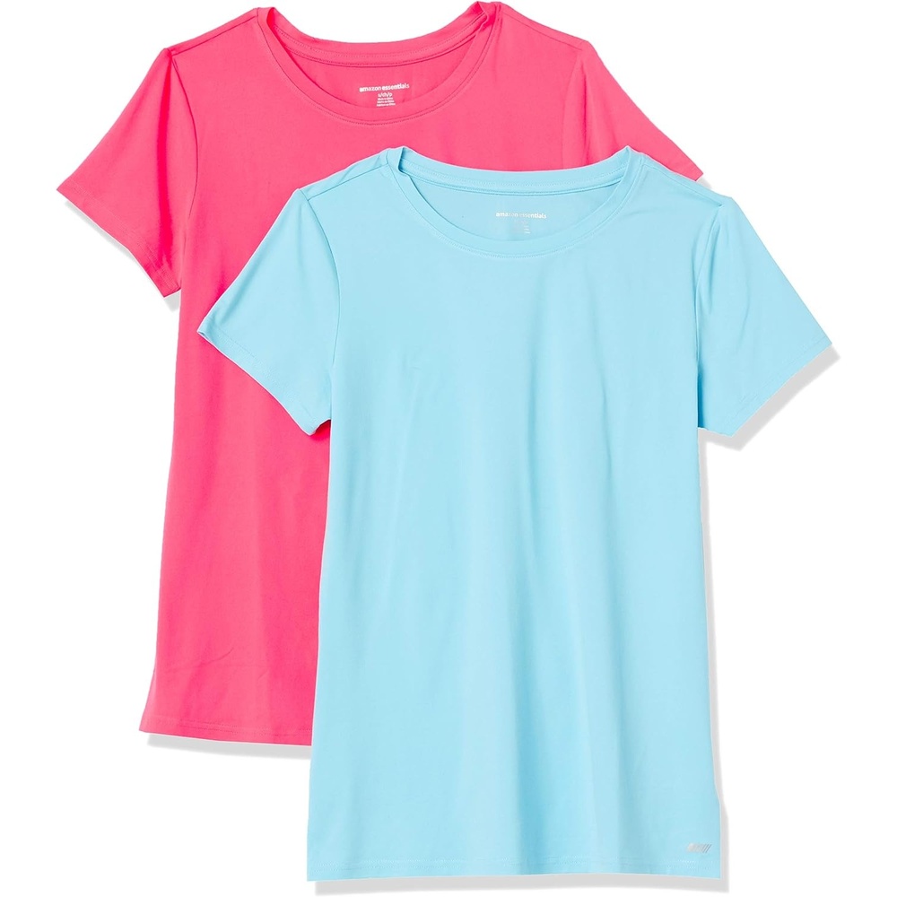image:imageAmazon Essentials Womens Active Quick Dry Tech Stretch ShortSleeve VNeck TShirt MoistureWicking Pack of 2BlueNeon Pink