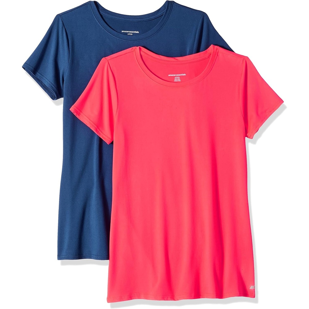 image:imageAmazon Essentials Womens Active Quick Dry Tech Stretch ShortSleeve VNeck TShirt MoistureWicking Pack of 2Bright PinkNavy