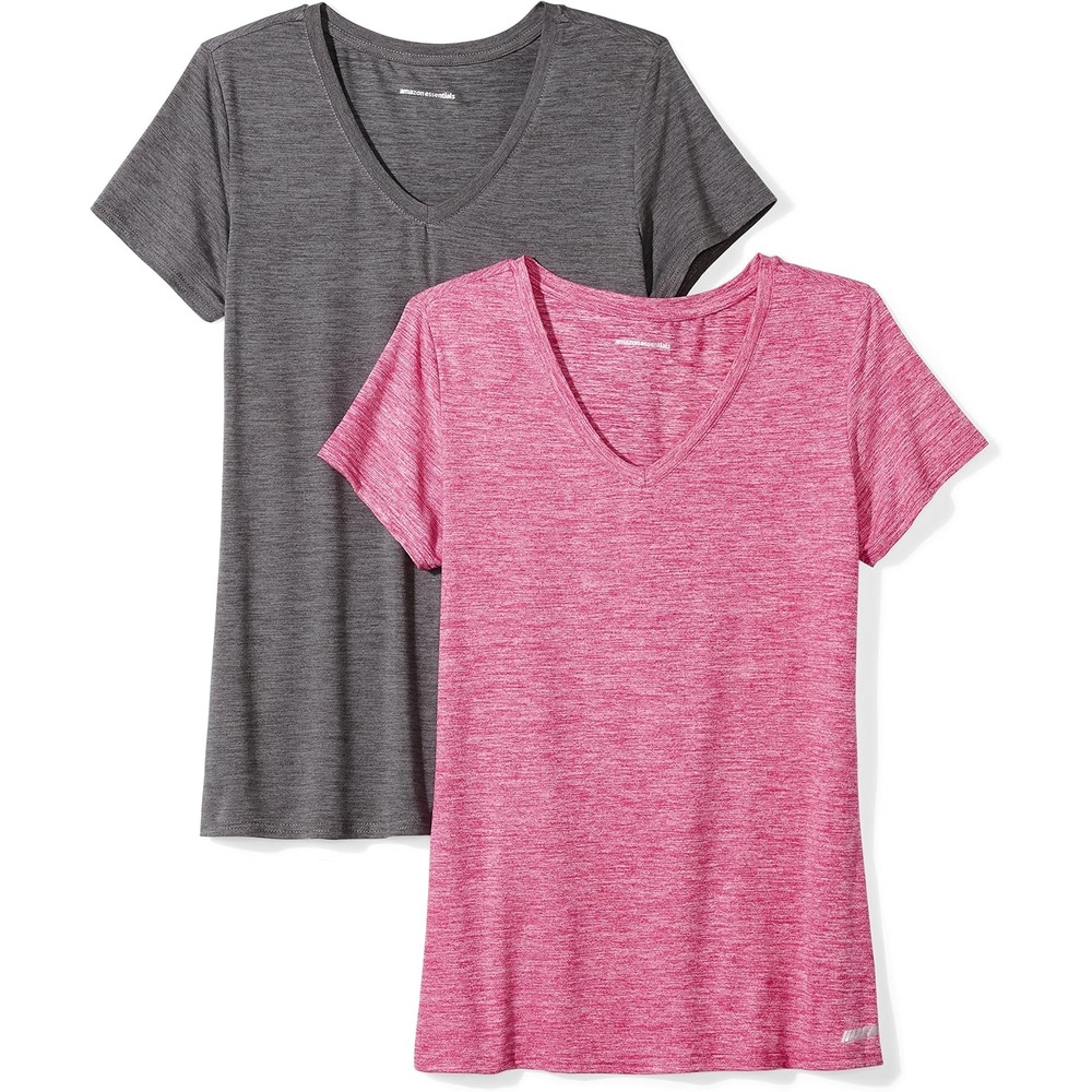 image:imageAmazon Essentials Womens Active Quick Dry Tech Stretch ShortSleeve VNeck TShirt MoistureWicking Pack of 2Charcoal Heather Space DyeRaspberry Red Space Dye