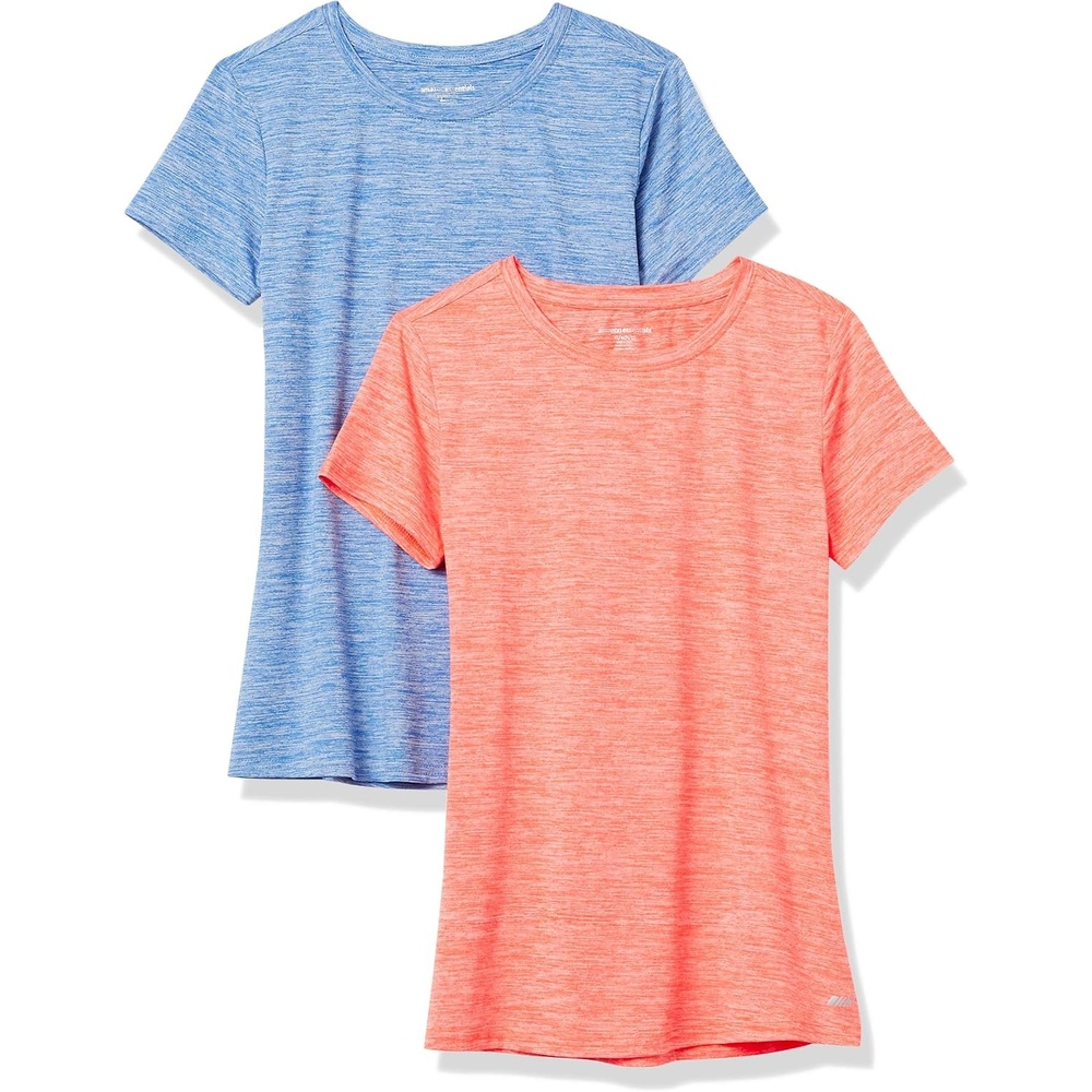 image:imageAmazon Essentials Womens Active Quick Dry Tech Stretch ShortSleeve VNeck TShirt MoistureWicking Pack of 2Coral Orange Space DyeLight Blue Space Dye