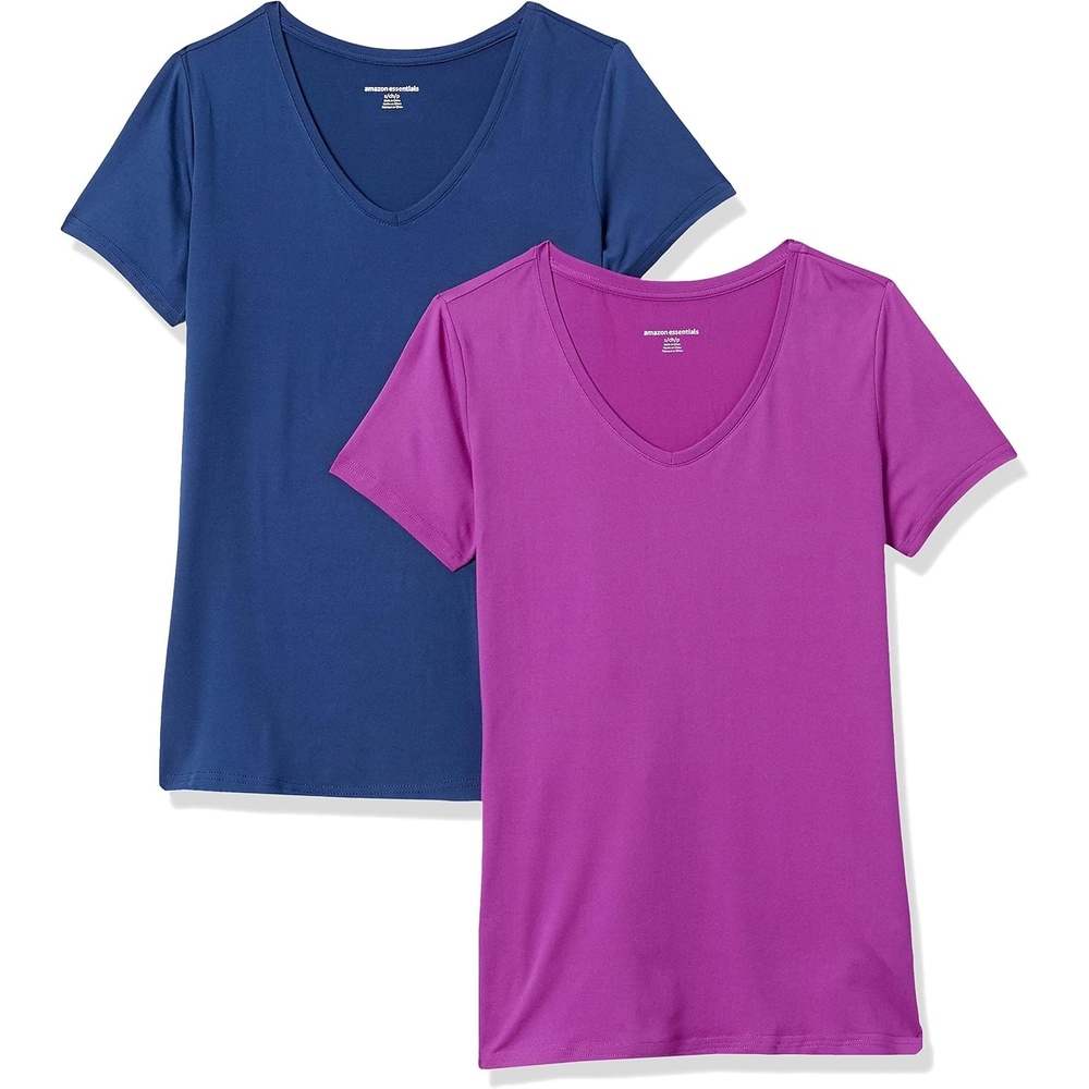 image:imageAmazon Essentials Womens Active Quick Dry Tech Stretch ShortSleeve VNeck TShirt MoistureWicking Pack of 2NavyOrchid Purple