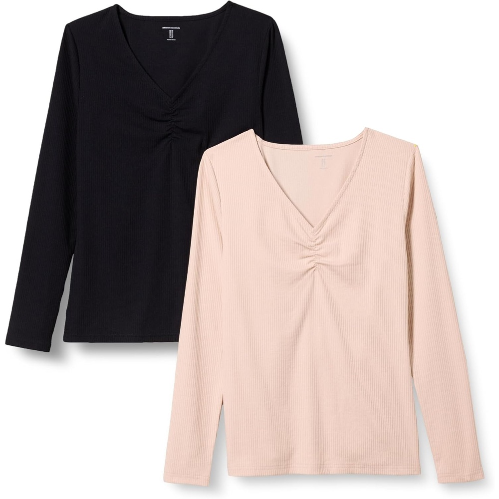 image:imageAmazon Essentials Womens Cinched VNeck Long Sleeve SlimFit RibKnit Stretchy TShirt Pack of 2BlackBlush