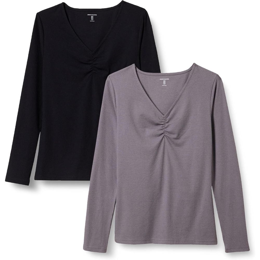 image:imageAmazon Essentials Womens Cinched VNeck Long Sleeve SlimFit RibKnit Stretchy TShirt Pack of 2GreyBlack