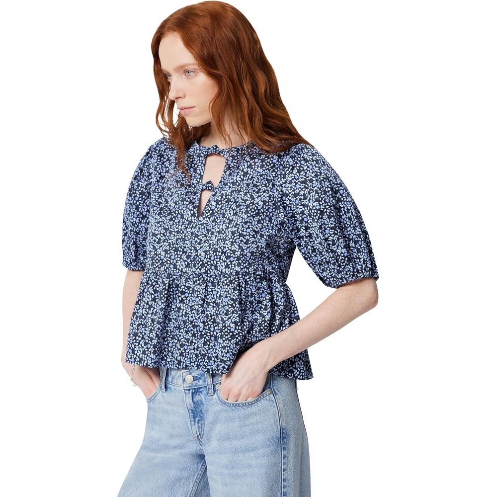 image:imageAmazon Essentials Womens Cotton Sateen RelaxedFit Peplum BlouseNavy Powder Blue Leafy Ditsy