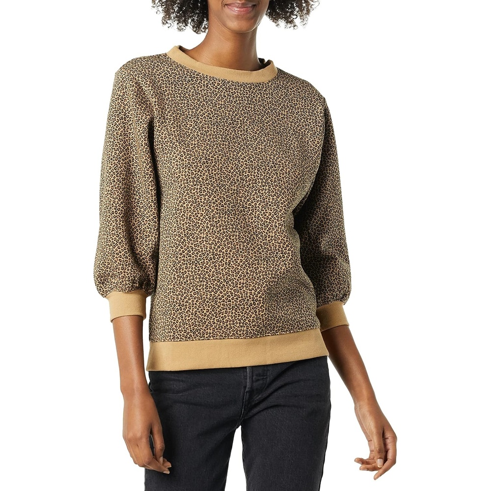 image:imageAmazon Essentials Womens French Terry Fleece Crewneck Sweatshirt with Sleeve Detail Three Quarter Sleeve Loose FitCamel Micro Cheetah