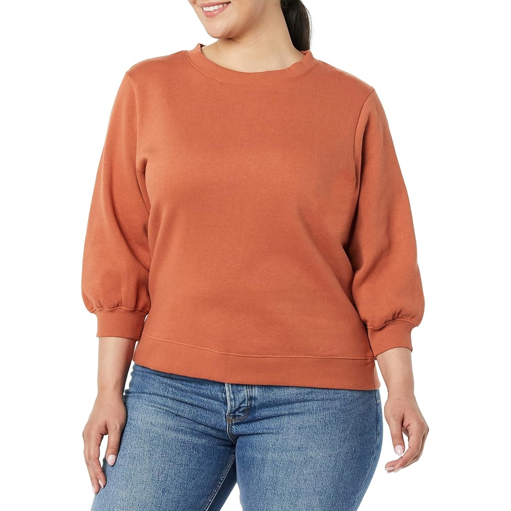 image:imageAmazon Essentials Womens French Terry Fleece Crewneck Sweatshirt with Sleeve Detail Three Quarter Sleeve Loose FitCaramel