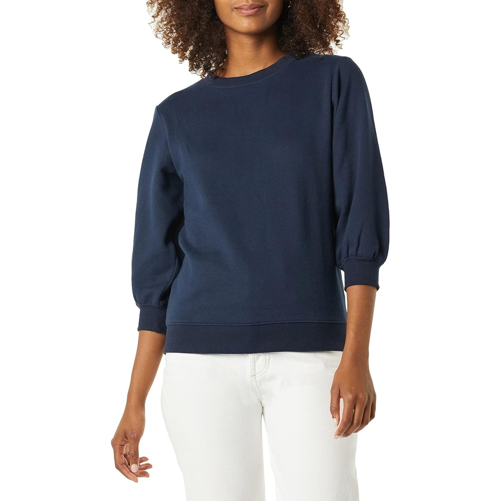 image:imageAmazon Essentials Womens French Terry Fleece Crewneck Sweatshirt with Sleeve Detail Three Quarter Sleeve Loose FitNavy