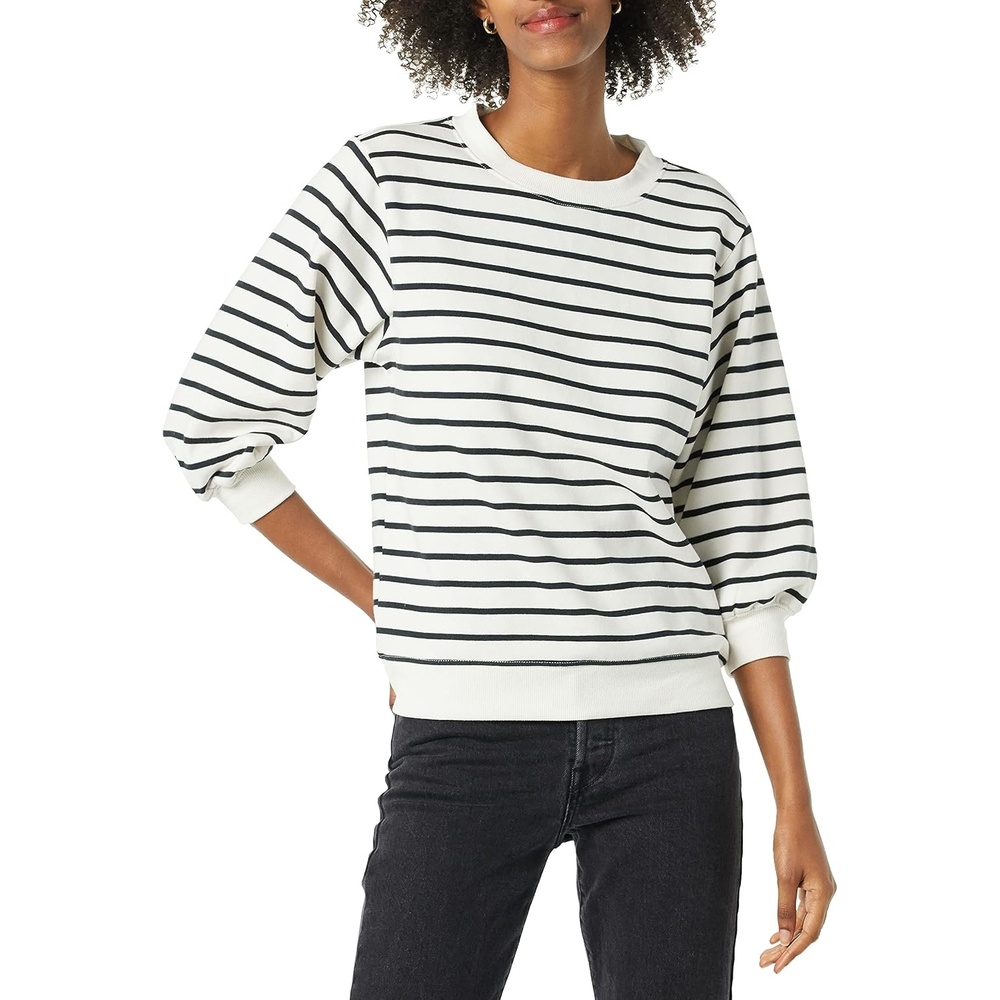 image:imageAmazon Essentials Womens French Terry Fleece Crewneck Sweatshirt with Sleeve Detail Three Quarter Sleeve Loose FitWhite Black Stripe