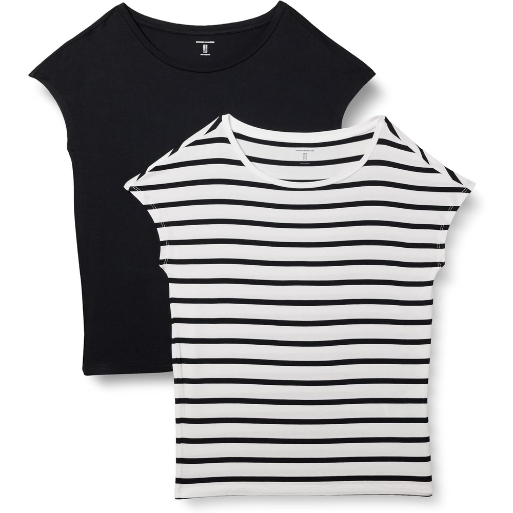 image:imageAmazon Essentials Womens Jersey RegularFit ShortSleeve BoatNeck Dolman TShirt Pack of 2BlackFrench Stripes