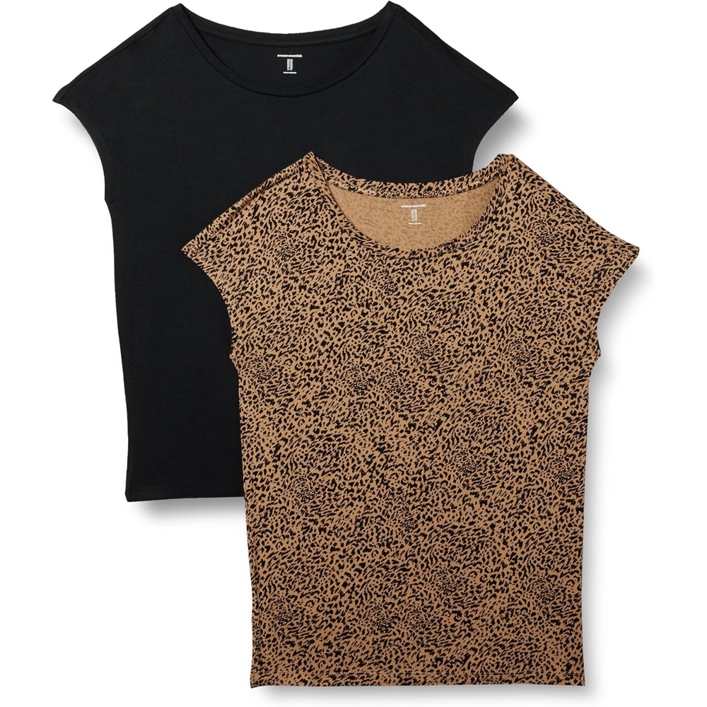 image:imageAmazon Essentials Womens Jersey RegularFit ShortSleeve BoatNeck Dolman TShirt Pack of 2BlackSmall Ikat Animal