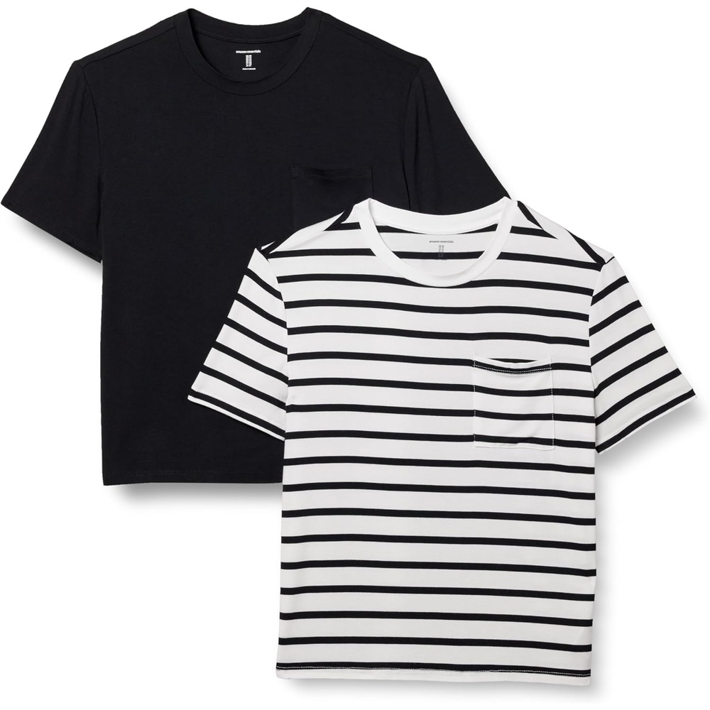 image:imageAmazon Essentials Womens Jersey RelaxedFit ShortSleeve Crewneck Pocket TShirt Pack of 2BlackFrench Stripes
