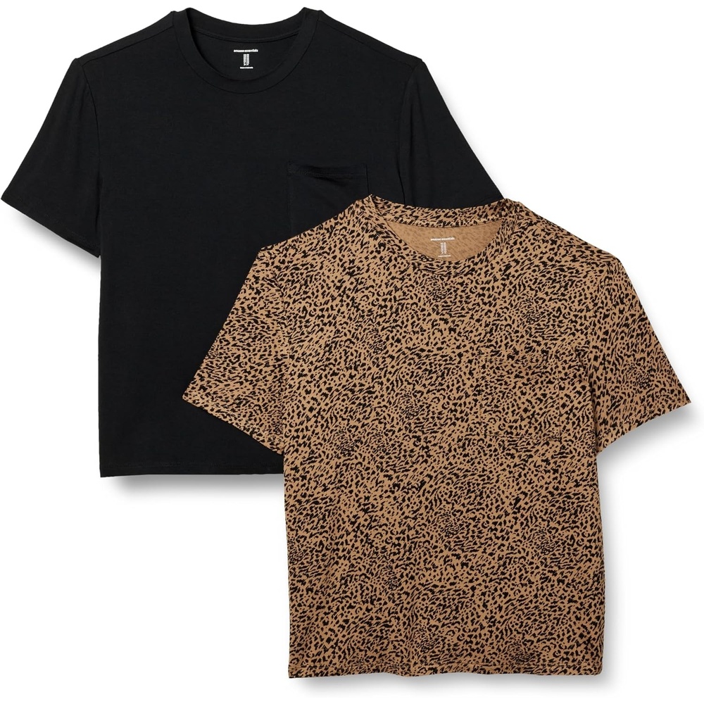 image:imageAmazon Essentials Womens Jersey RelaxedFit ShortSleeve Crewneck Pocket TShirt Pack of 2BlackSmall Ikat Animal