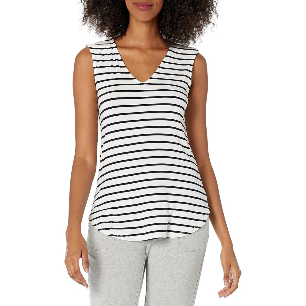 image:imageAmazon Essentials Womens Jersey StandardFit VNeck Tank TopBlack White Stripe
