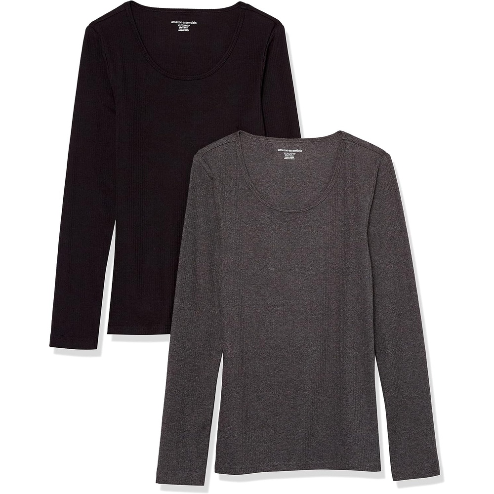 image:imageAmazon Essentials Womens Long Sleeve SlimFit Rib Scoop Neck Sweater Available in Plus Size Pack of 2BlackCharcoal Heather