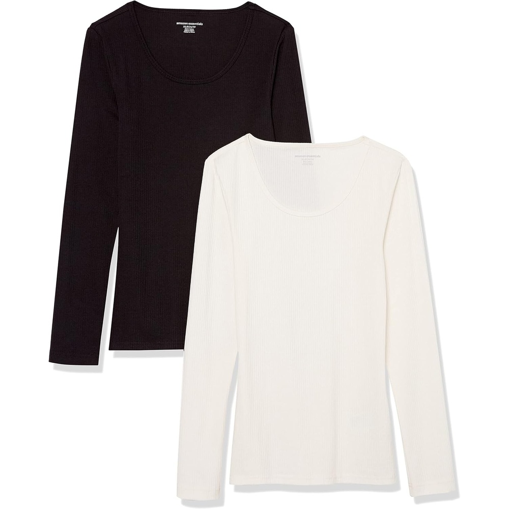 image:imageAmazon Essentials Womens Long Sleeve SlimFit Rib Scoop Neck Sweater Available in Plus Size Pack of 2Eggshell WhiteBlack