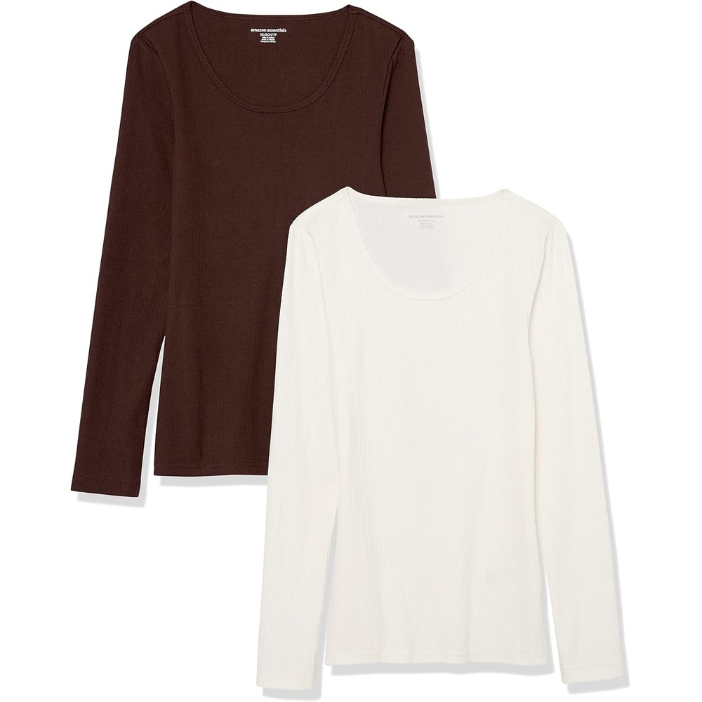 image:imageAmazon Essentials Womens Long Sleeve SlimFit Rib Scoop Neck Sweater Available in Plus Size Pack of 2Eggshell WhiteEspresso