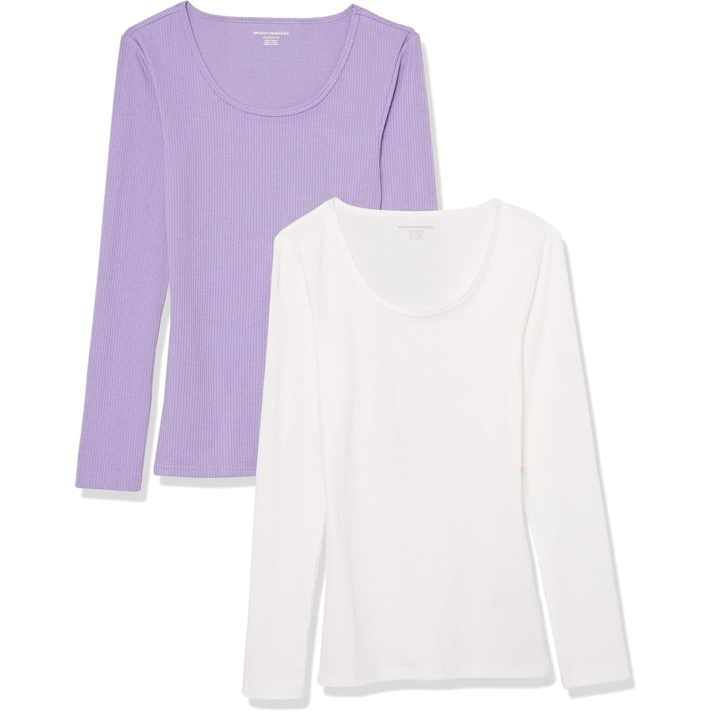 image:imageAmazon Essentials Womens Long Sleeve SlimFit Rib Scoop Neck Sweater Available in Plus Size Pack of 2LilacWhite