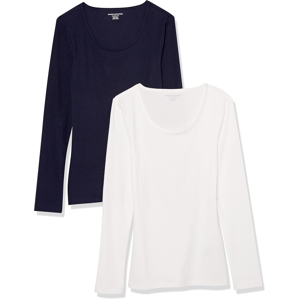 image:imageAmazon Essentials Womens Long Sleeve SlimFit Rib Scoop Neck Sweater Available in Plus Size Pack of 2NavyWhite