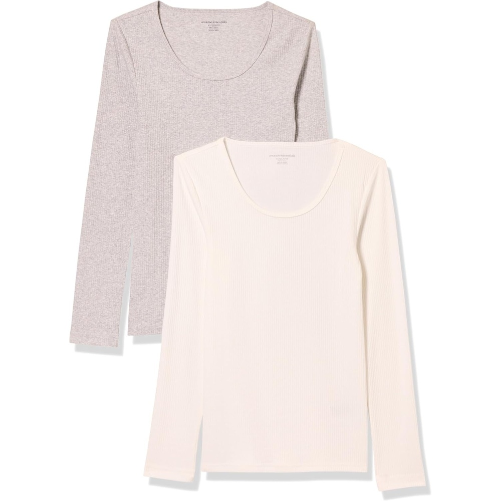 image:imageAmazon Essentials Womens Long Sleeve SlimFit Rib Scoop Neck Sweater Available in Plus Size Pack of 2WhiteGrey