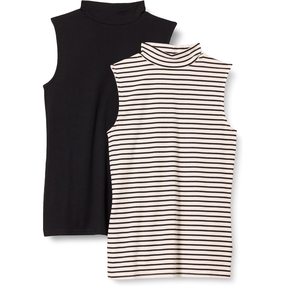 image:imageAmazon Essentials Womens MockNeck SlimFit Ribbed Knit Cotton Sleeveless Top Pack of 2BlackFrench Stripe