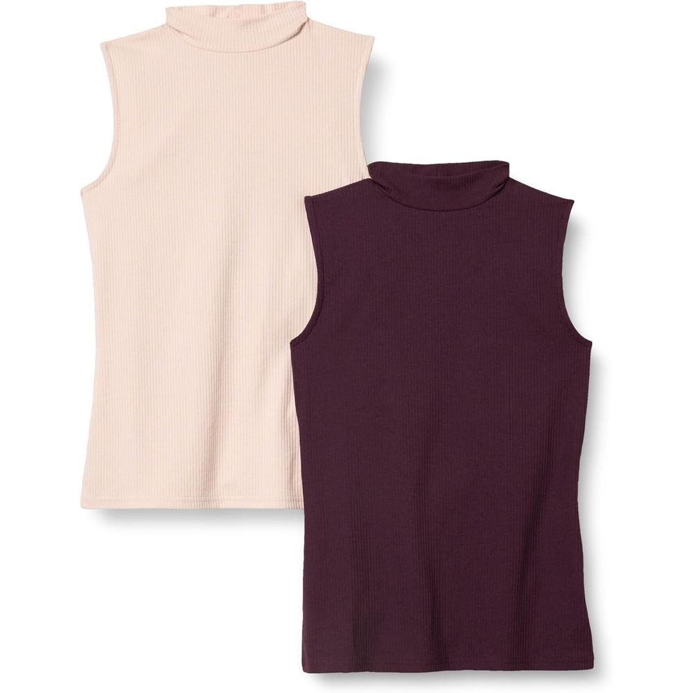 image:imageAmazon Essentials Womens MockNeck SlimFit Ribbed Knit Cotton Sleeveless Top Pack of 2BlushBurgundy