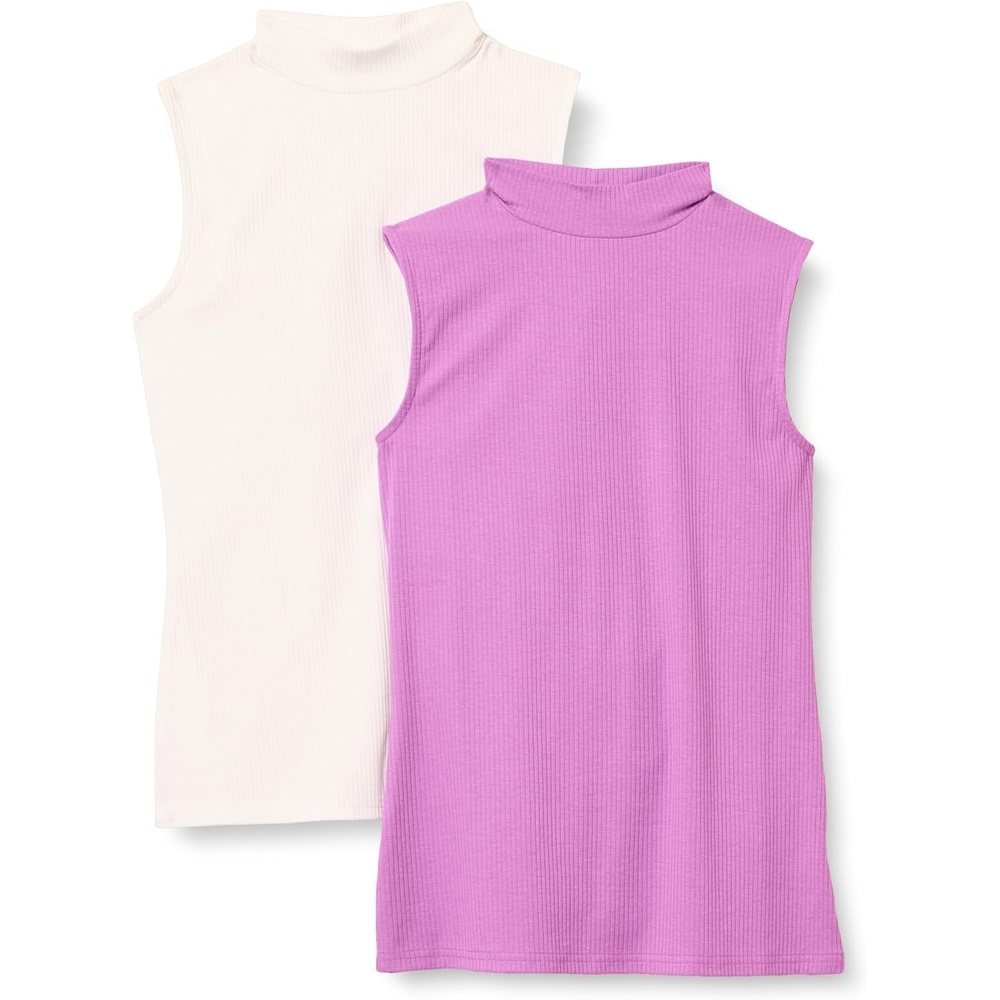 image:imageAmazon Essentials Womens MockNeck SlimFit Ribbed Knit Cotton Sleeveless Top Pack of 2PurpleWhite