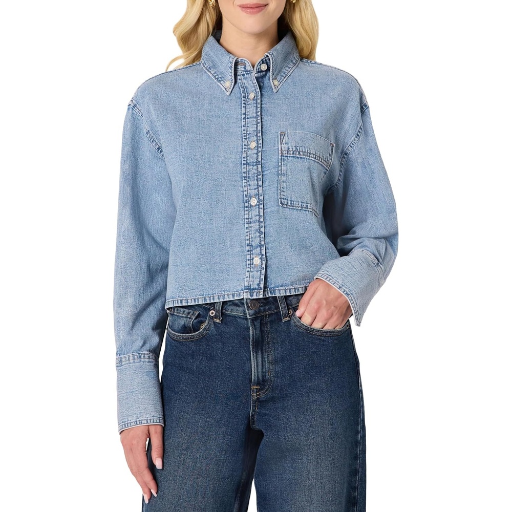 image:imageAmazon Essentials Womens Modern OversizedFit Cropped Denim ButtonDown Shirt Lightweight Chambray Point CollarIcy Light Blue