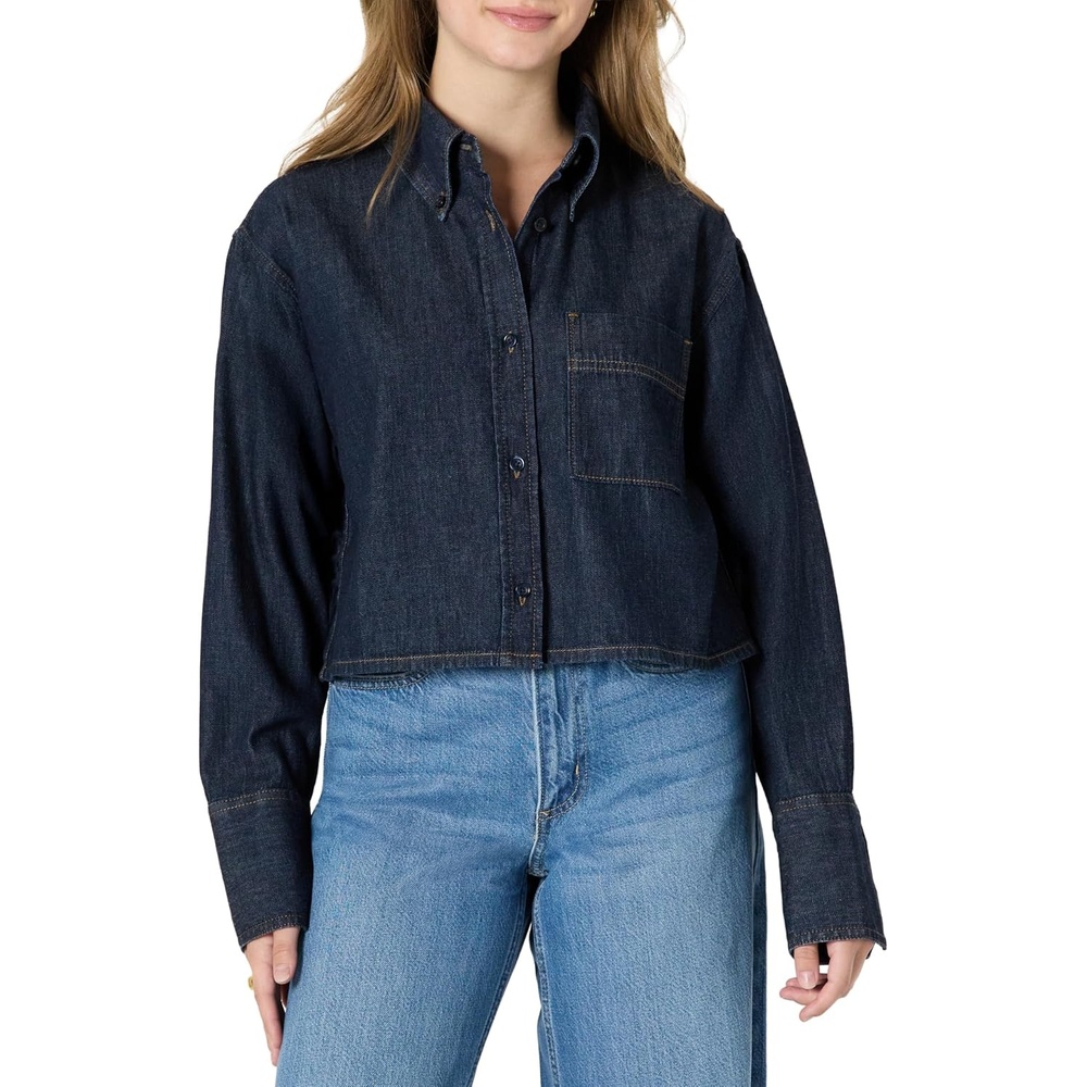 image:imageAmazon Essentials Womens Modern OversizedFit Cropped Denim ButtonDown Shirt Lightweight Chambray Point CollarRinse