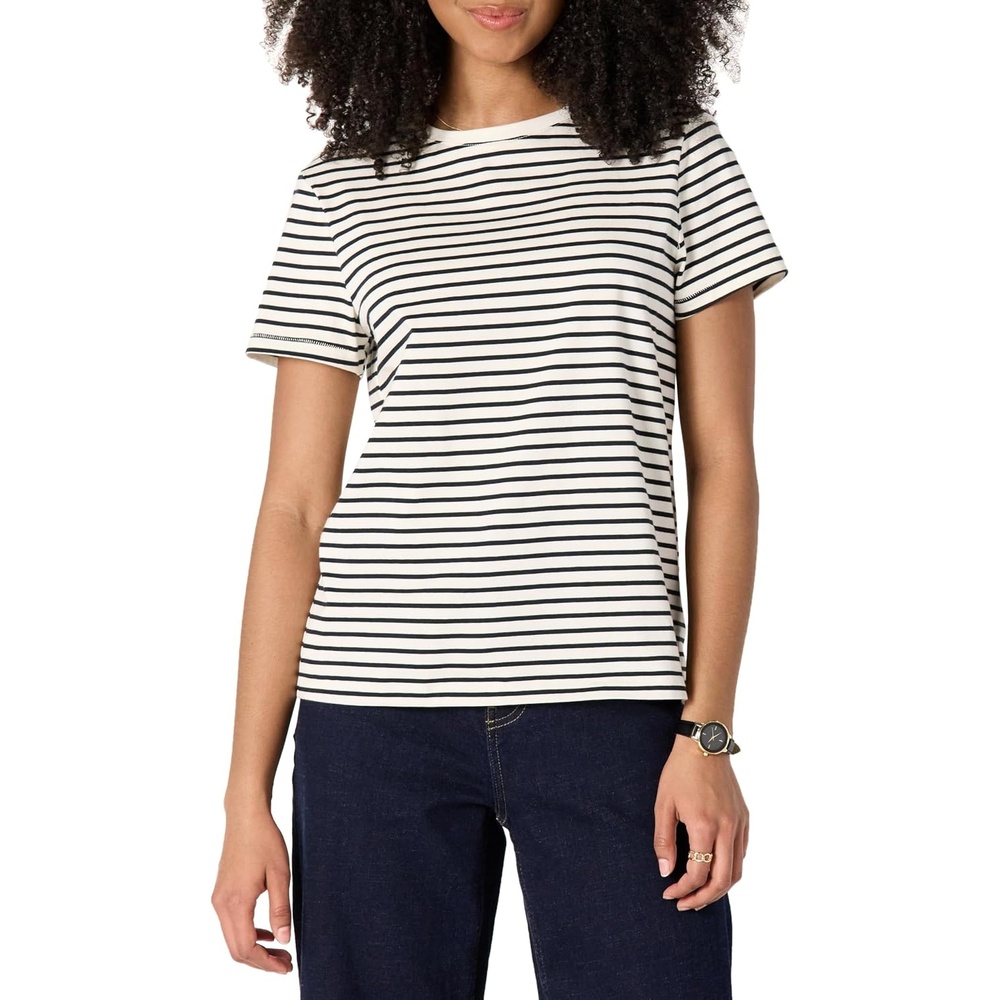 image:imageAmazon Essentials Womens Regular Fit 100 Cotton Crewneck Short Sleeve TShirtEggshell White Black French Stripe