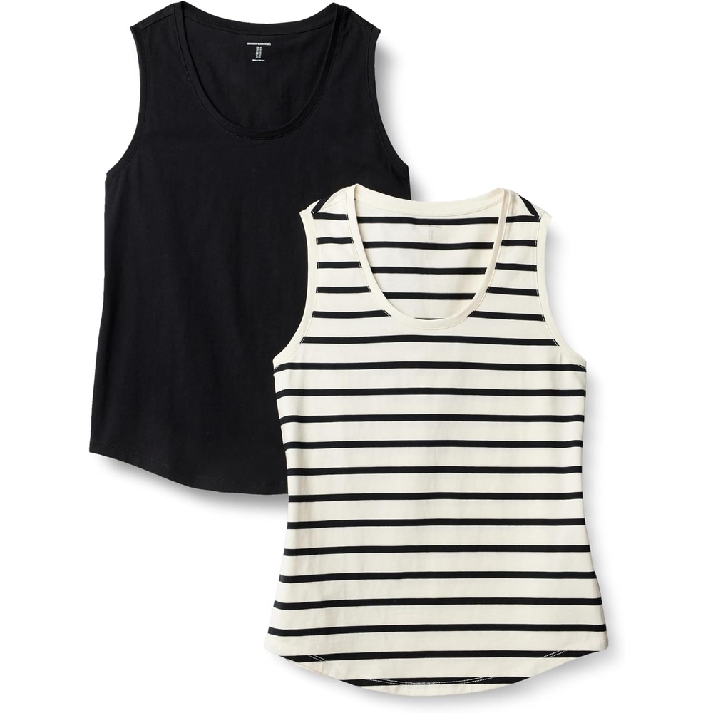 image:imageAmazon Essentials Womens RegularFit 100 Cotton Sleeveless Tank Top Pack of 2BlackMariner Stripe