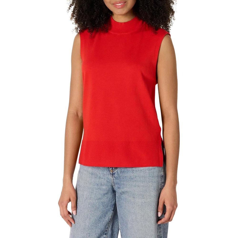 image:imageAmazon Essentials Womens RegularFit Cap Sleeve Mock Neck Sweater TopBright Poppy Red