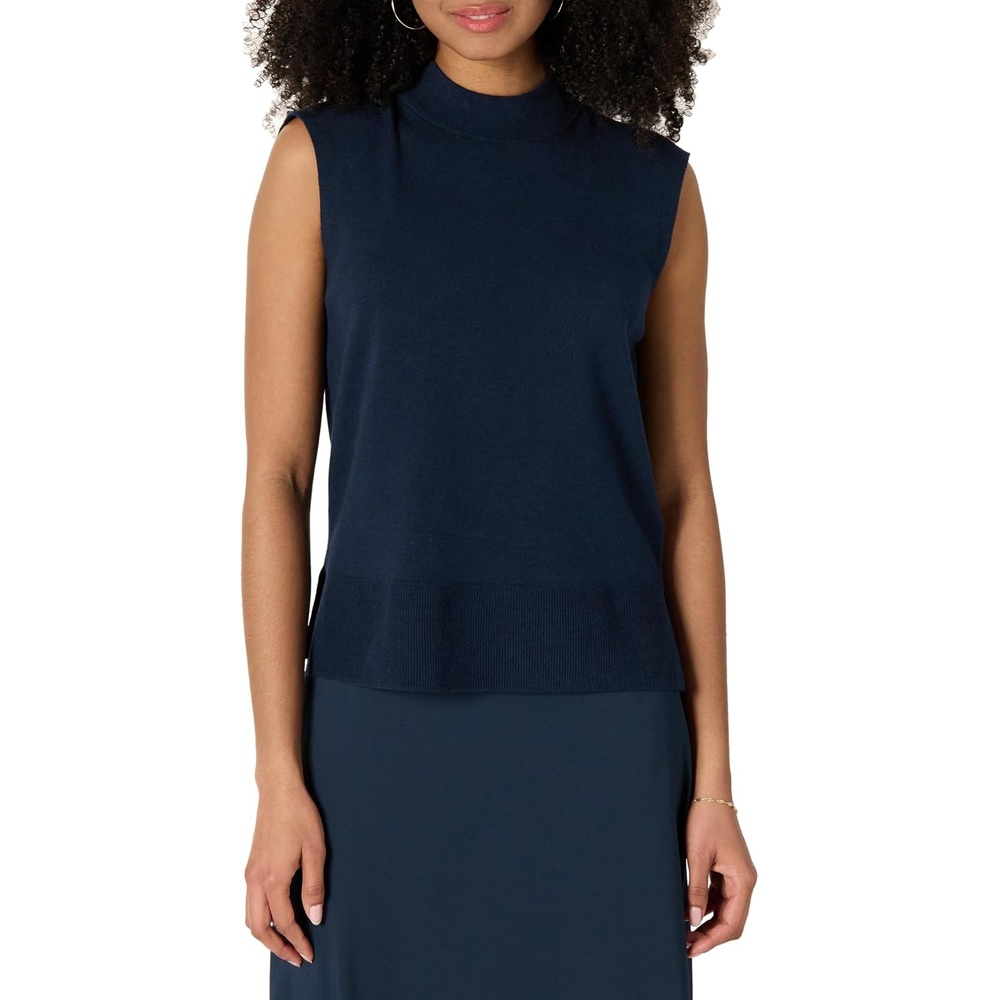 image:imageAmazon Essentials Womens RegularFit Cap Sleeve Mock Neck Sweater TopNavy