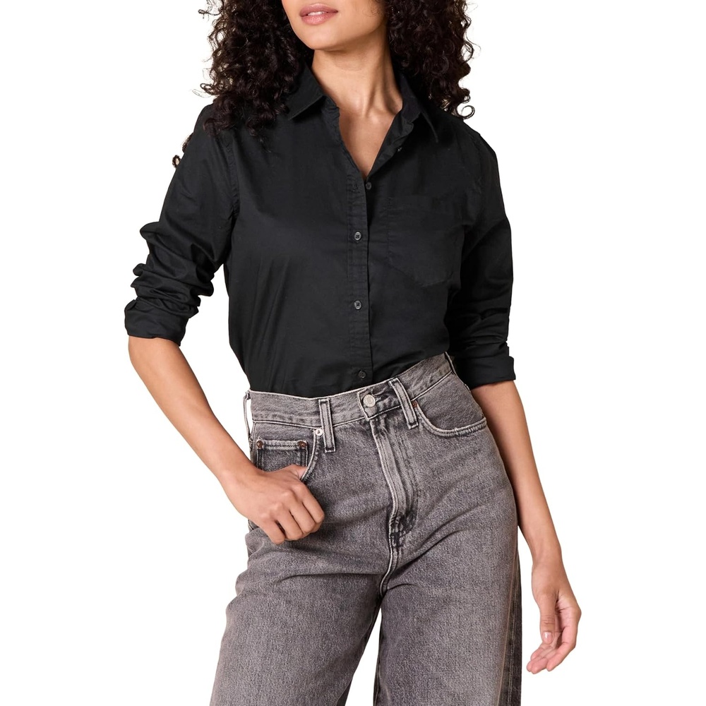 image:imageAmazon Essentials Womens RegularFit LongSleeve ButtonDown Cotton Poplin Shirt Business CasualBlack