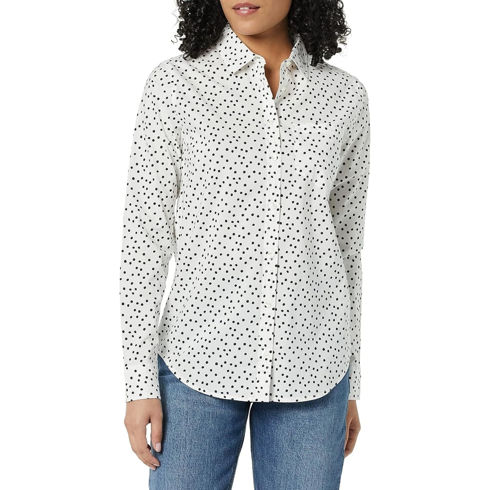 image:imageAmazon Essentials Womens RegularFit LongSleeve ButtonDown Cotton Poplin Shirt Business CasualBlack White Dots