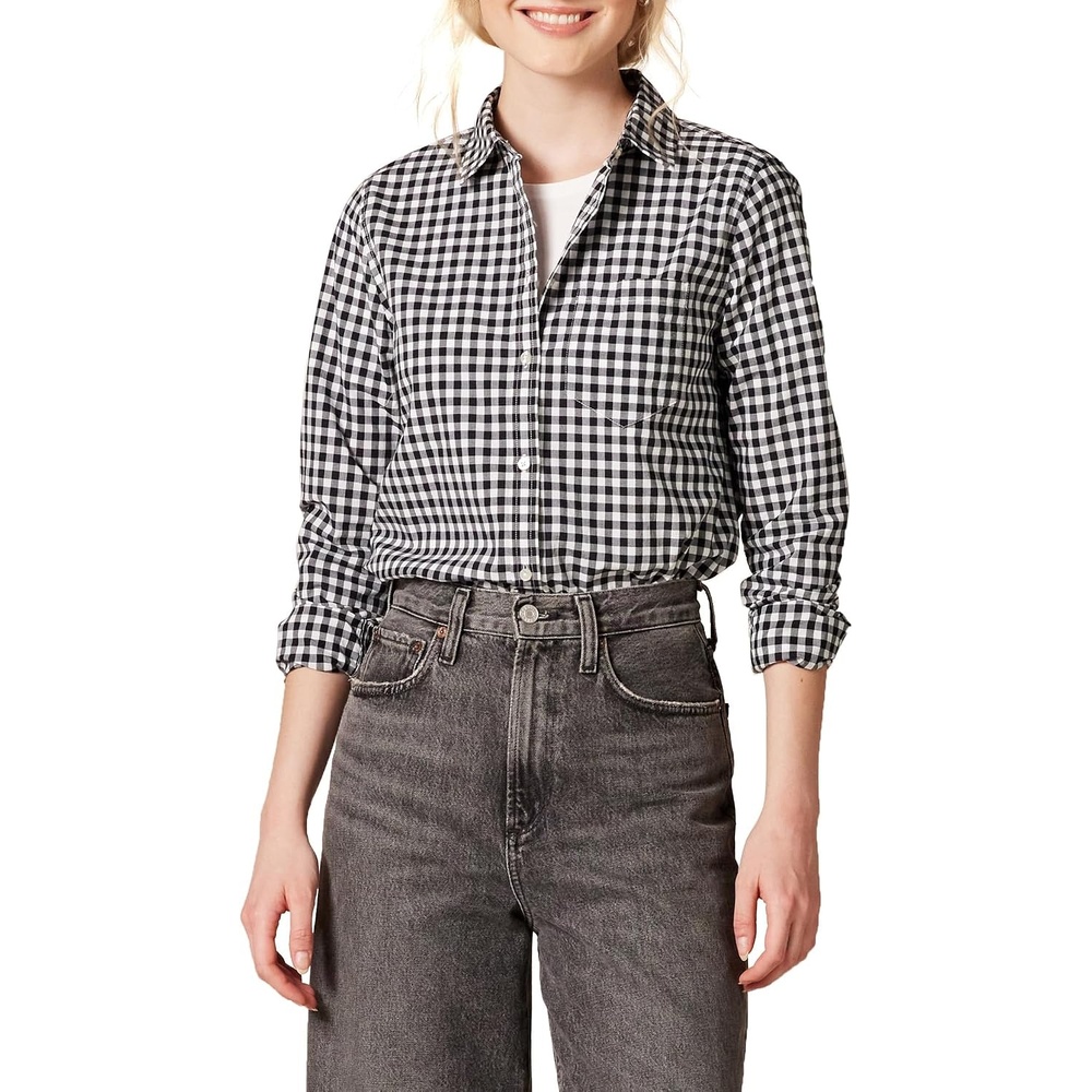 image:imageAmazon Essentials Womens RegularFit LongSleeve ButtonDown Cotton Poplin Shirt Business CasualBlack White Gingham