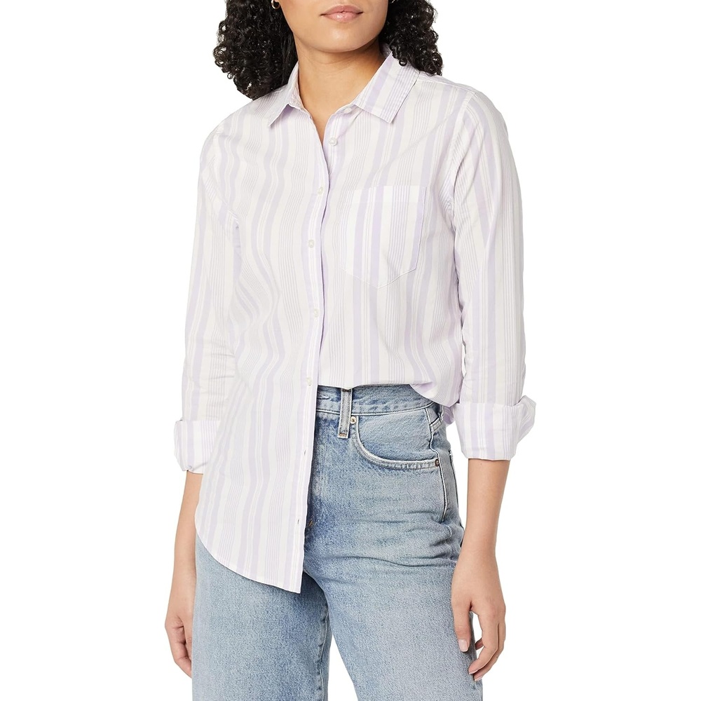 image:imageAmazon Essentials Womens RegularFit LongSleeve ButtonDown Cotton Poplin Shirt Business CasualLilac White Variegated Stripe
